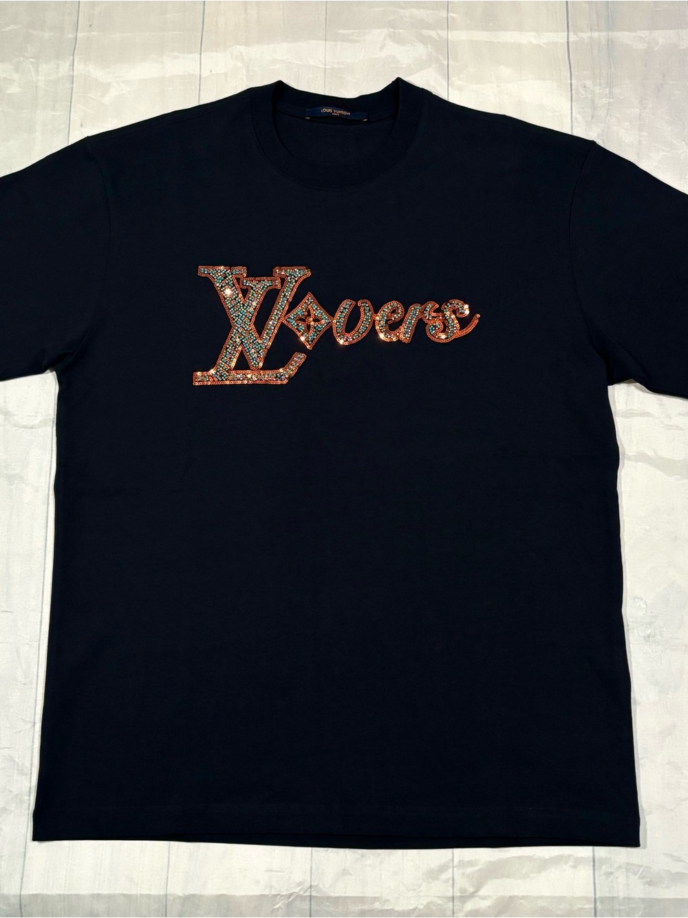 Louis Vuitton LV Lovers Beaded Sequin Embellished T-Shirt Navy Blue M
